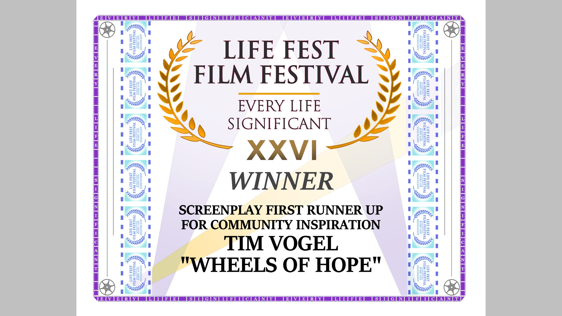 Screenplay First Runner Up for Community Inspiration:: Tim Vogel, Wheels of Hope